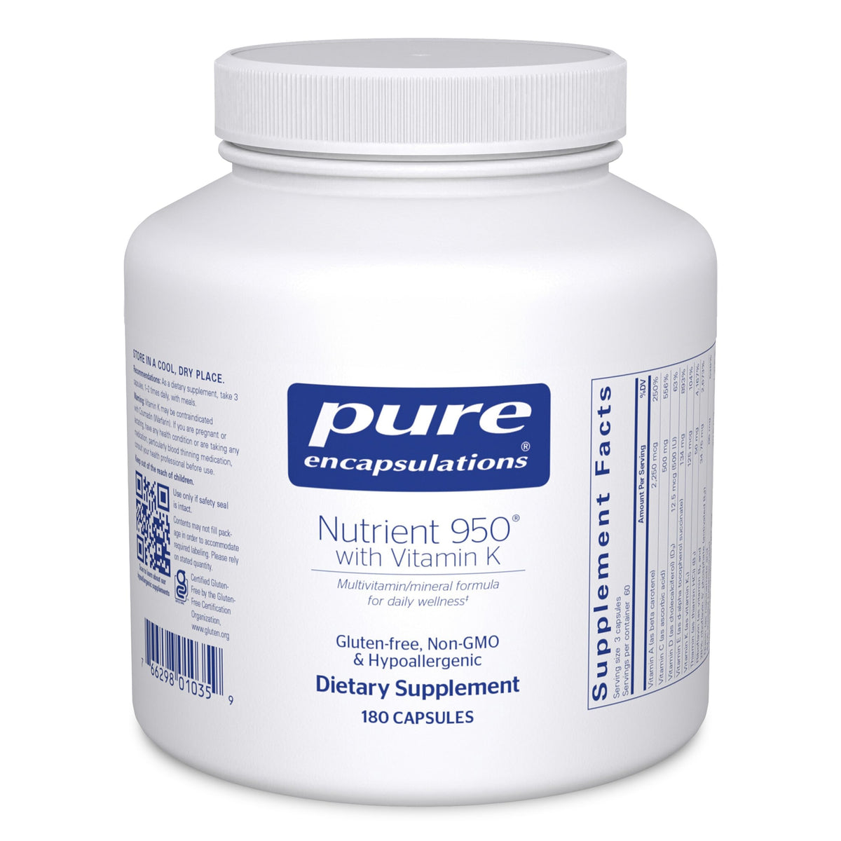 Pure Encapsulations frasco frontal en superficie limpia mostrando marca y tamaño, transmite confianza