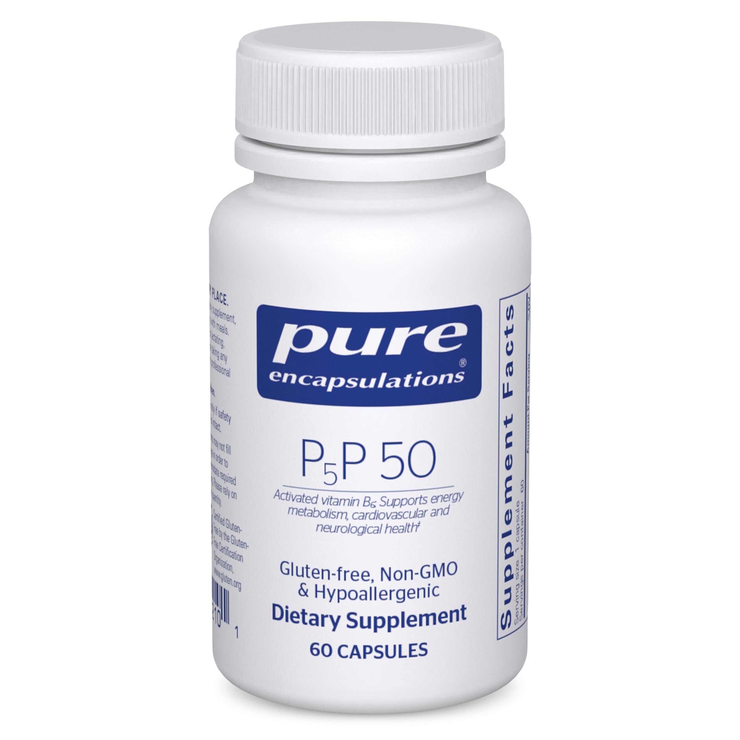 Pure Encapsulations frasco P5P 50 mostrando diseño y beneficio de pureza