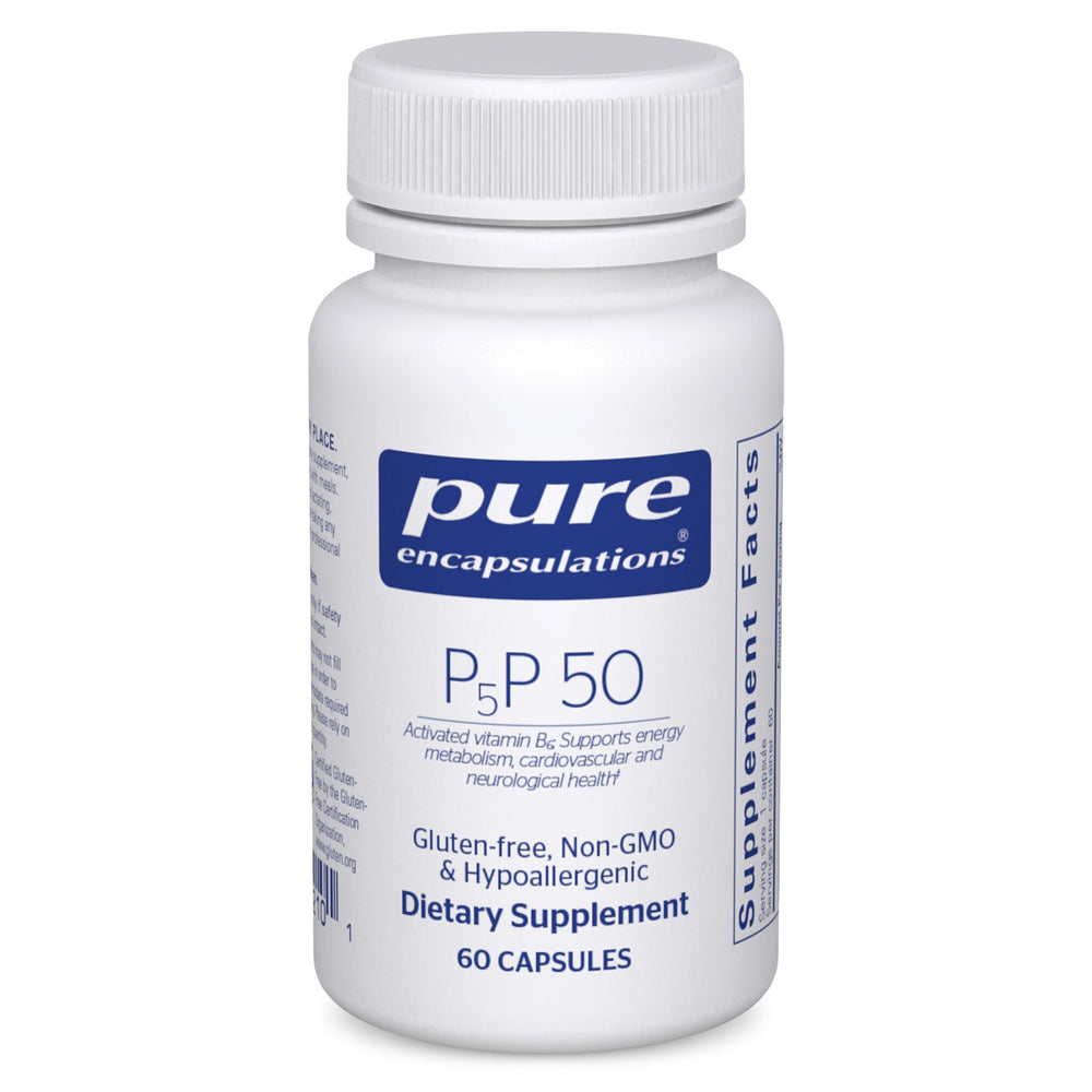 Pure Encapsulations frasco P5P 50 mostrando diseño y beneficio de pureza