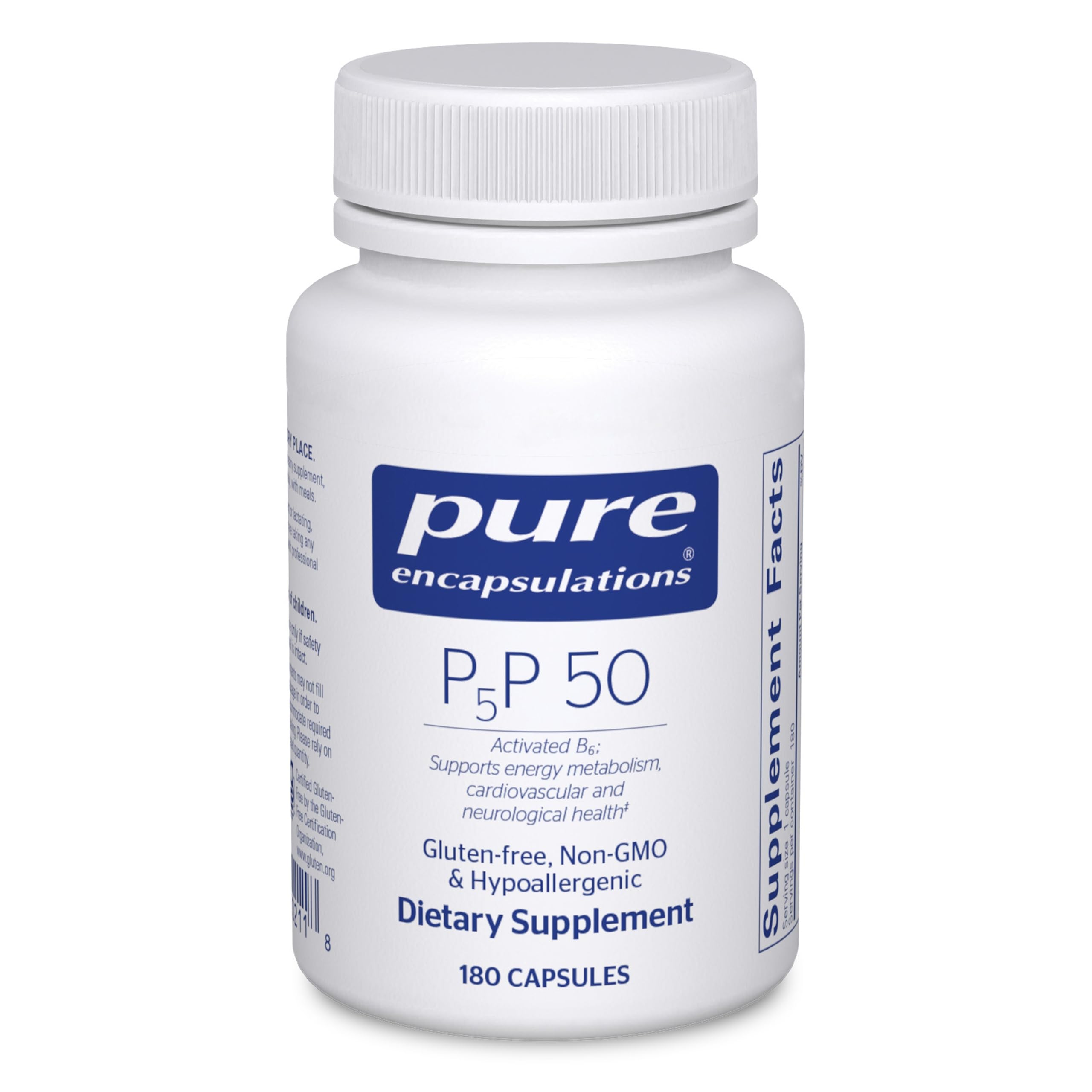 Pure Encapsulations frasco frontal mostrando P5P 50 y beneficios claros