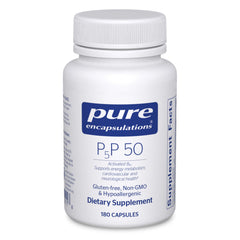 Pure Encapsulations frasco frontal mostrando P5P 50 y beneficios claros