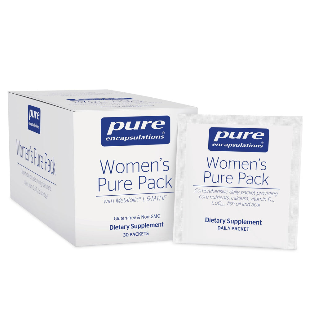 Pure Encapsulations frasco y sobres mostrando conveniencia diaria