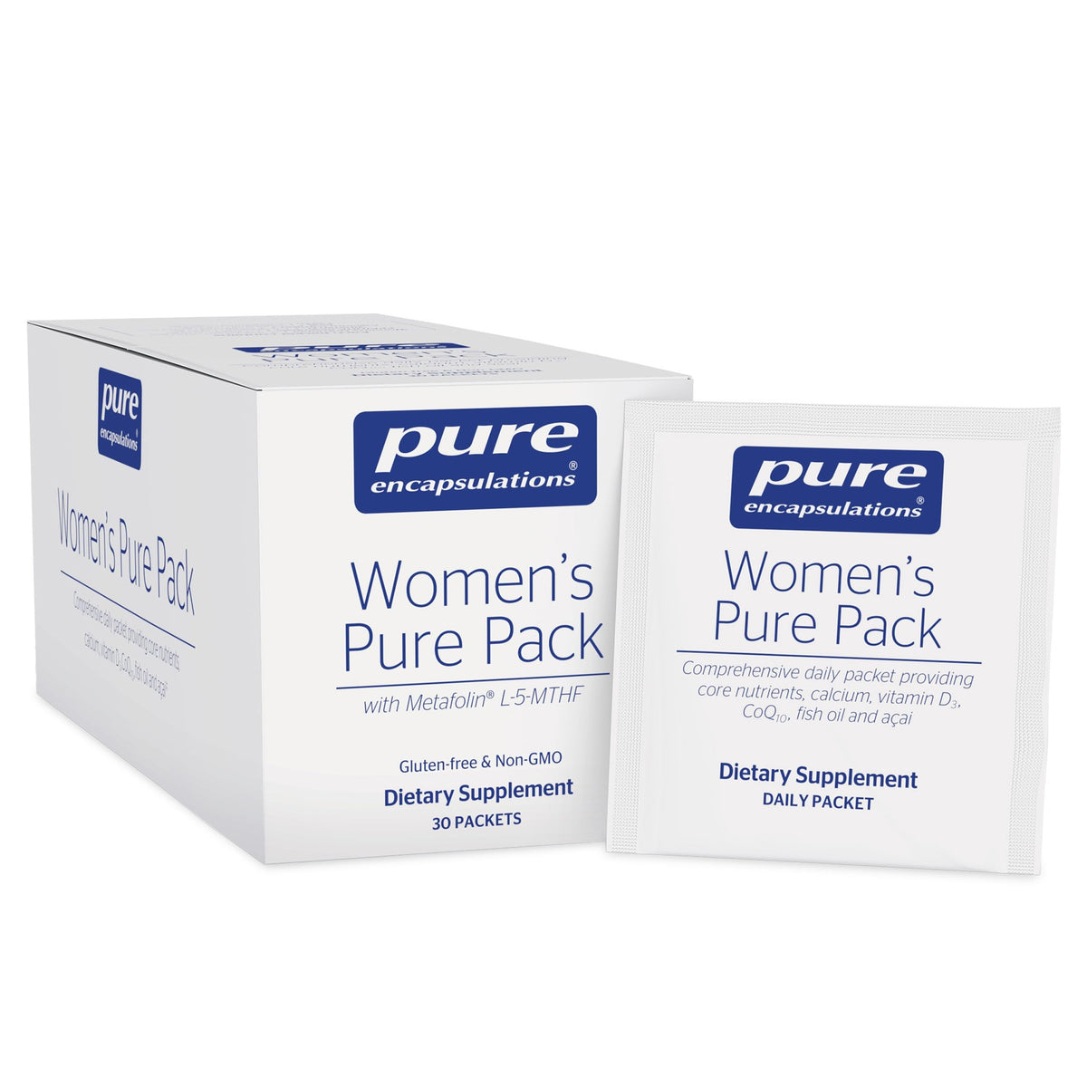Pure Encapsulations frasco y sobres mostrando conveniencia diaria