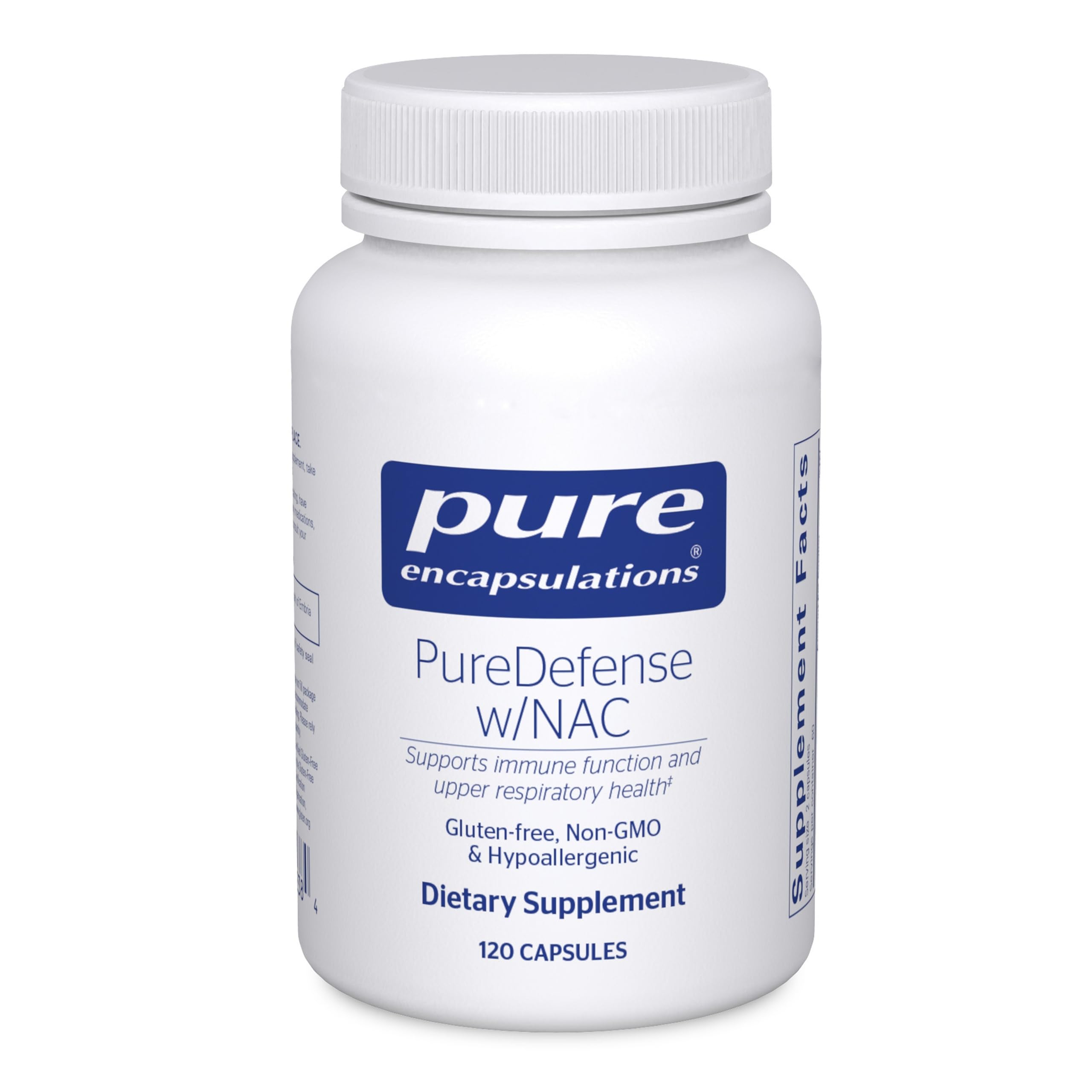Pure Encapsulations frasco PureDefense frente mostrando etiquetado limpio y beneficios