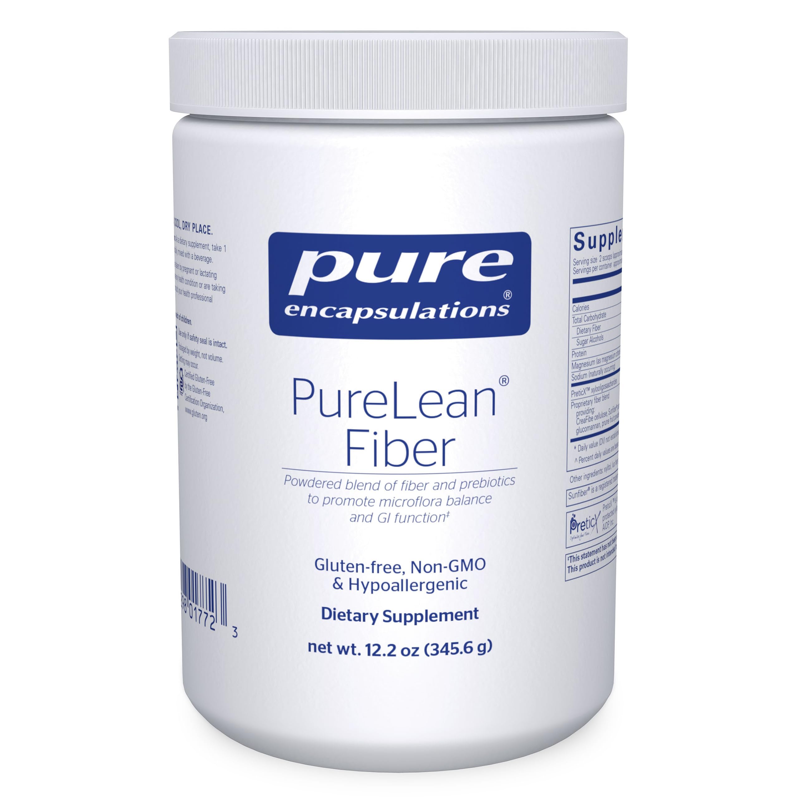 Pure Encapsulations envase frontal mostrando PureLean Fiber y limpieza