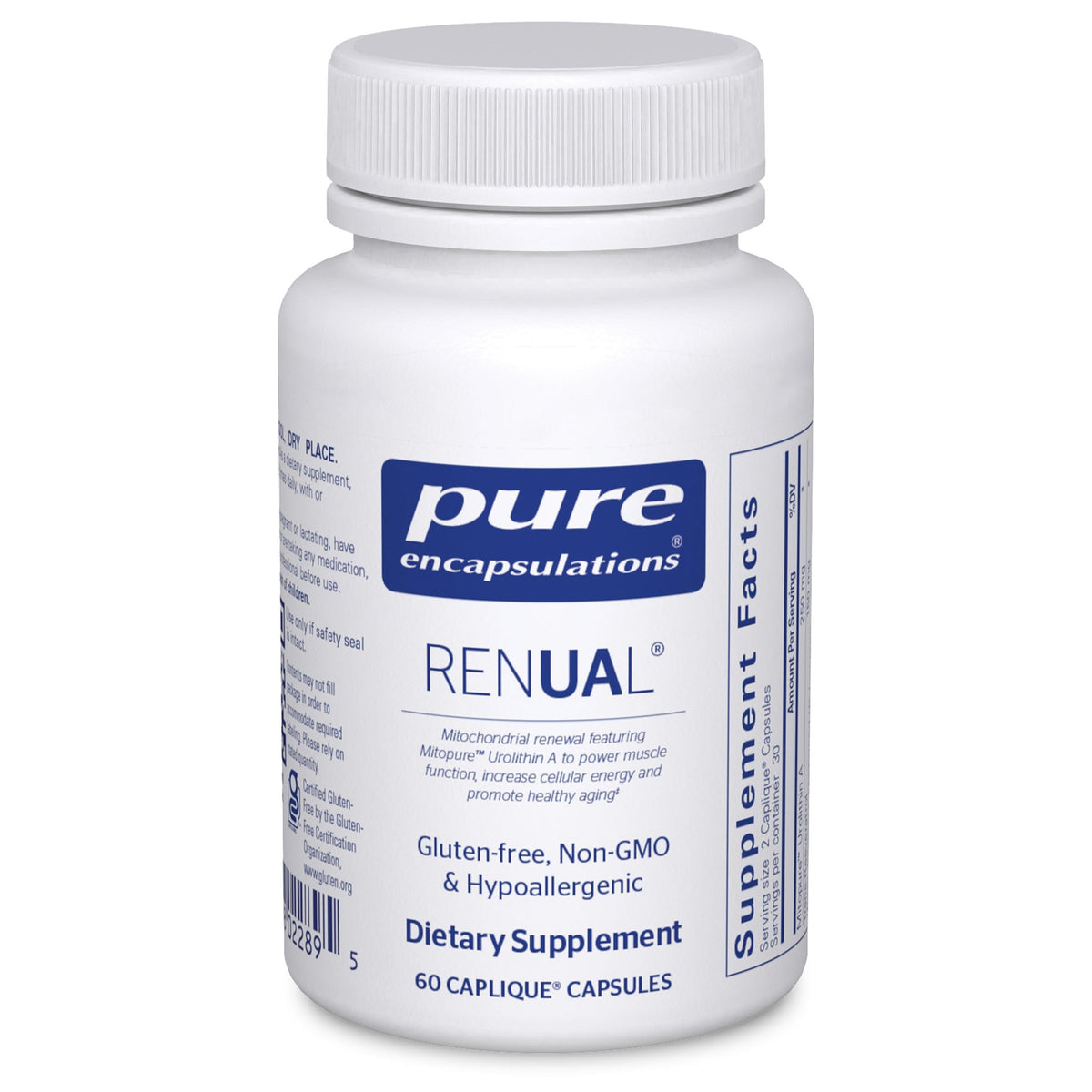 Pure Encapsulations Renual vista frontal mostrando el envase y claridad de etiqueta para confianza