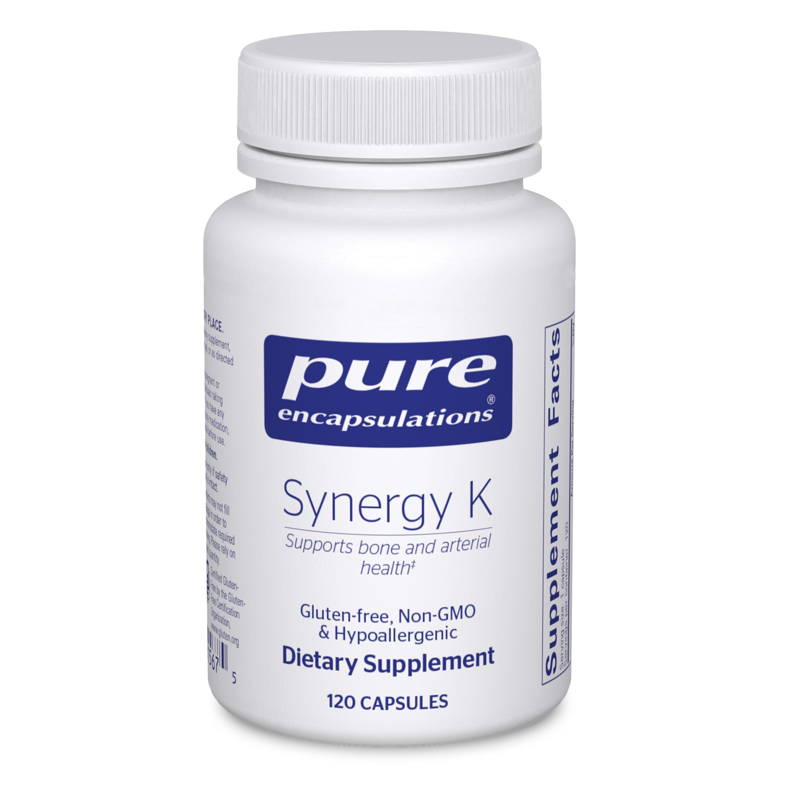 Pure Encapsulations frasco Synergy K frente mostrando etiqueta y beneficios