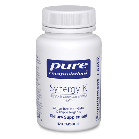 Pure Encapsulations frasco Synergy K frente mostrando etiqueta y beneficios