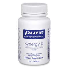 Pure Encapsulations frasco Synergy K frente mostrando etiqueta y beneficios