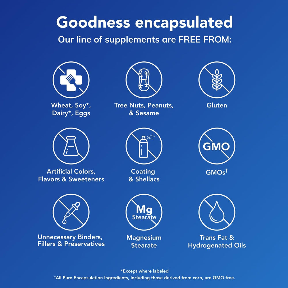 Pure Encapsulations cápsula junto a regla para comparar tamaño y facilidad de ingestión