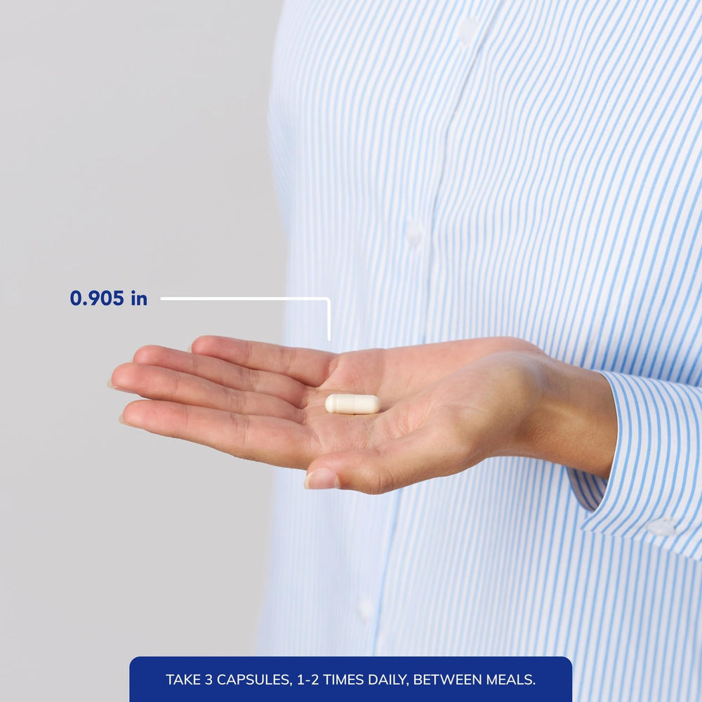 Pure Encapsulations frasco junto a objeto cotidiano para comparar tamaño