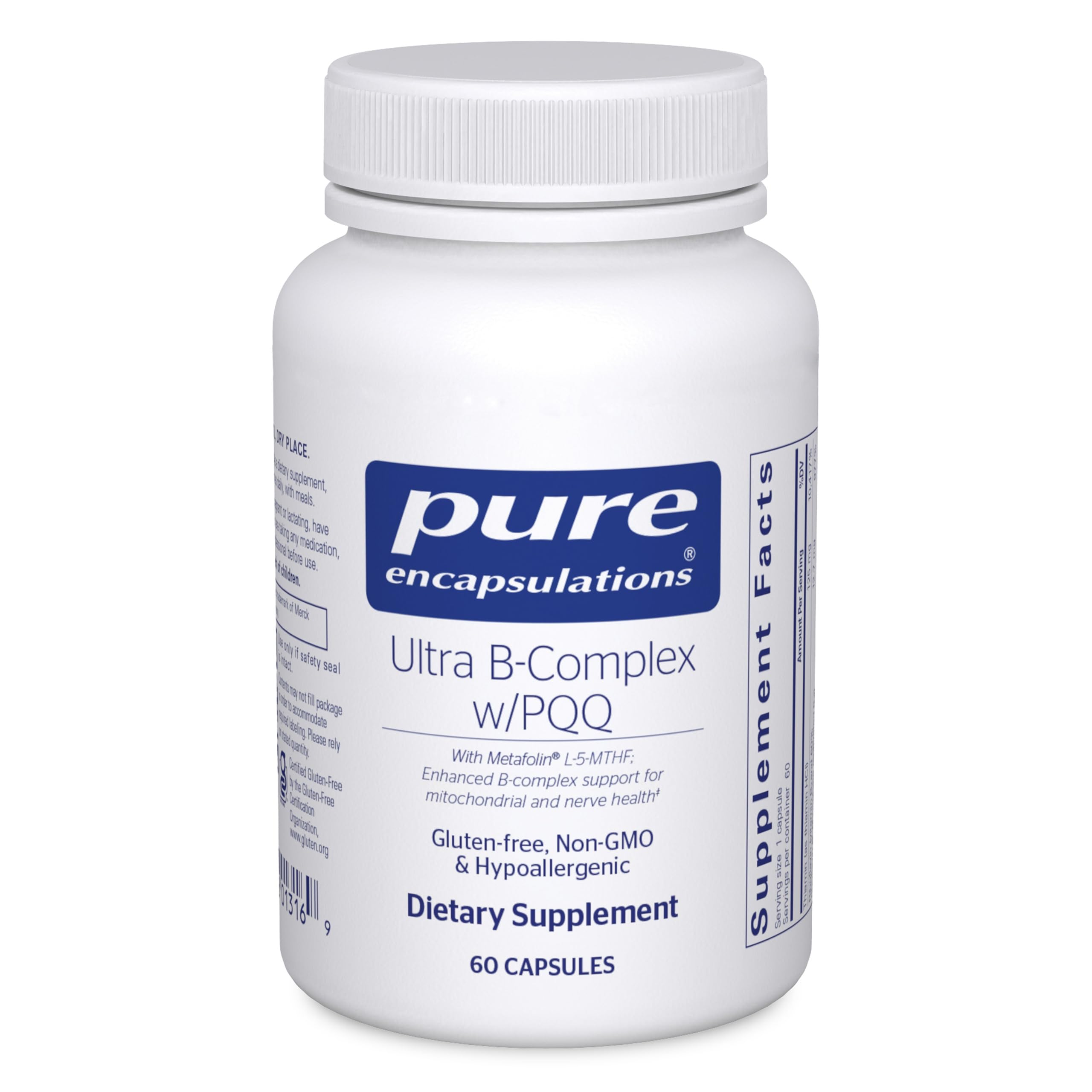 Pure Encapsulations botella frontal mostrando Ultra B-Complex y beneficios claros