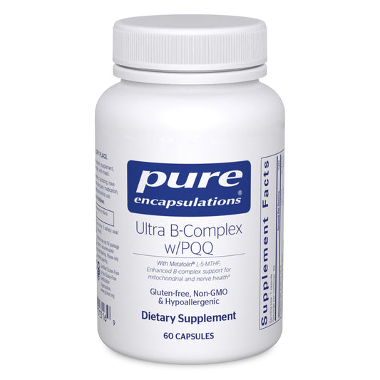 Pure Encapsulations botella frontal mostrando Ultra B-Complex y beneficios claros