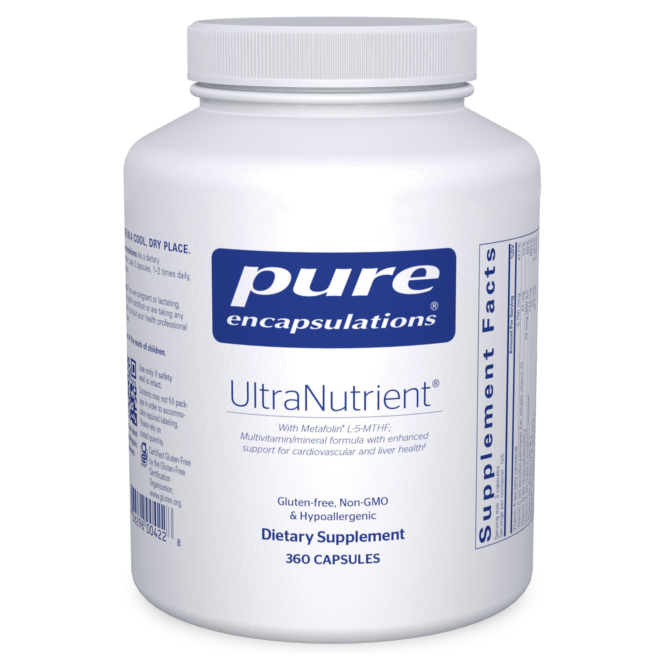 Pure Encapsulations frasco frontal mostrando marca y volumen, confianza y pureza