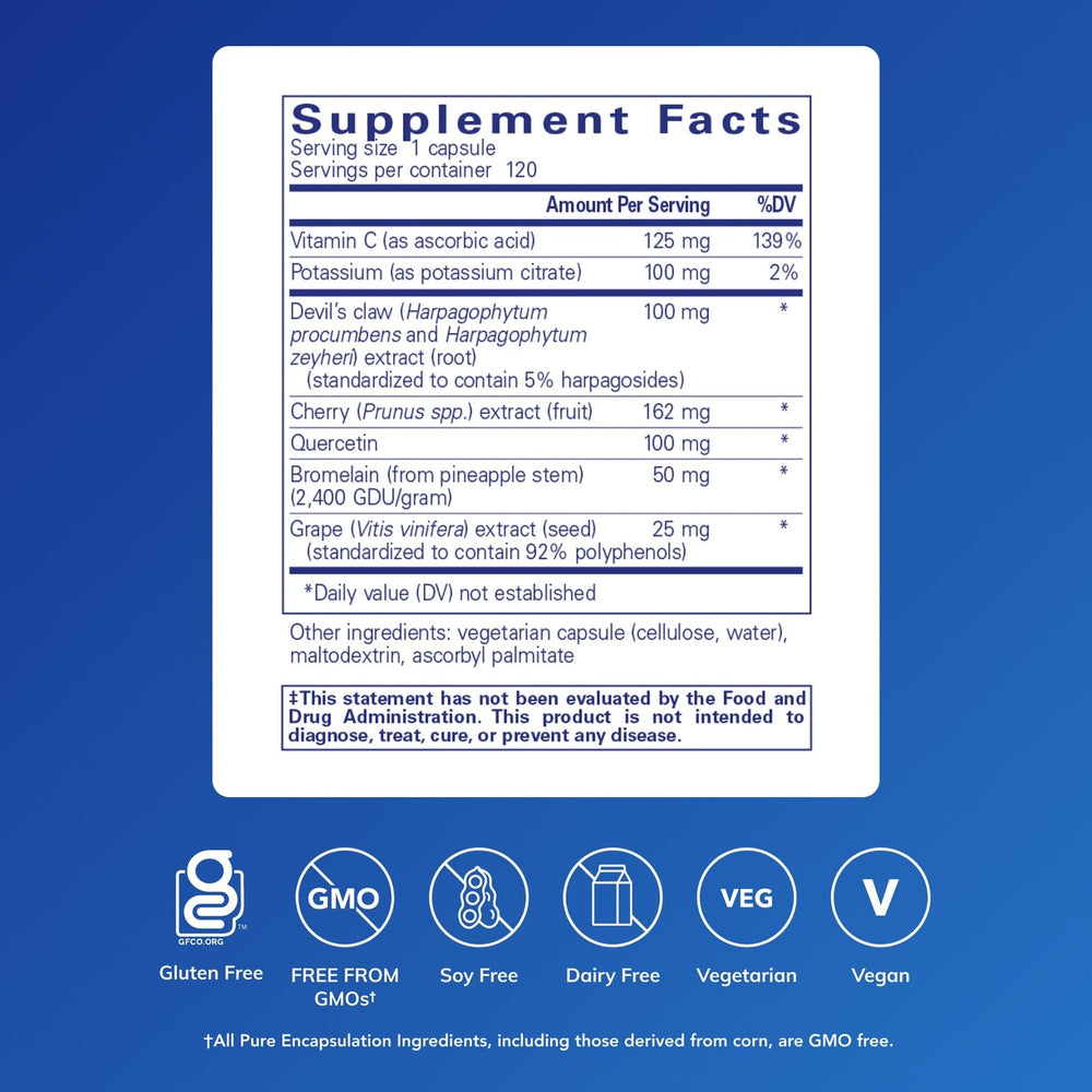 Etiqueta de Pure Encapsulations Uric Acid Formula con lista de ingredientes clara