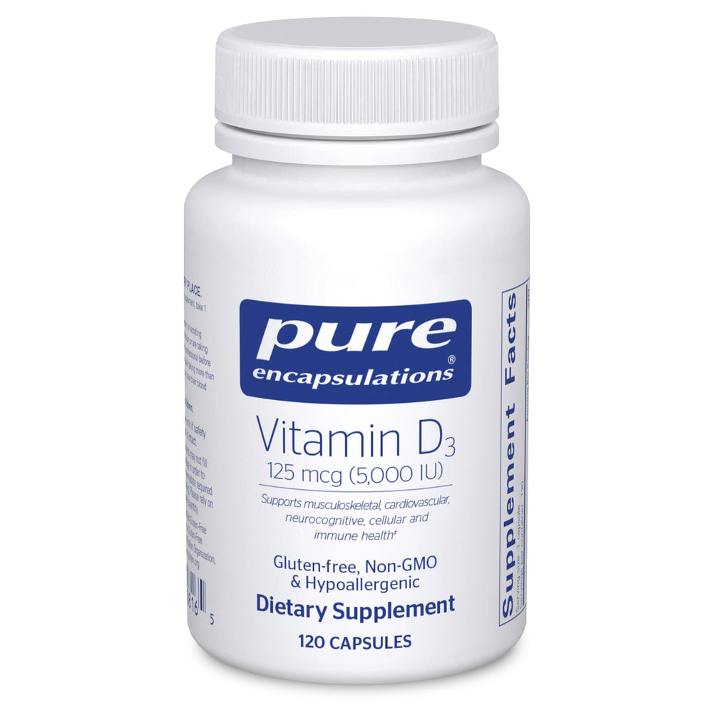 Pure Encapsulations frasco frontal que muestra vitamina D3 5,000 UI, fácil identificación