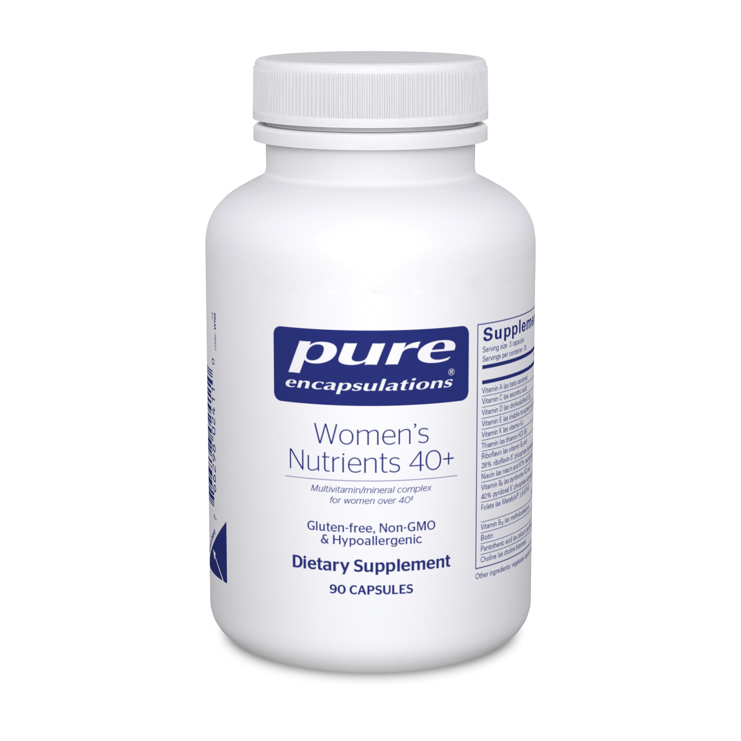 Pure Encapsulations frente del envase mostrando fórmula 90 cápsulas y beneficios