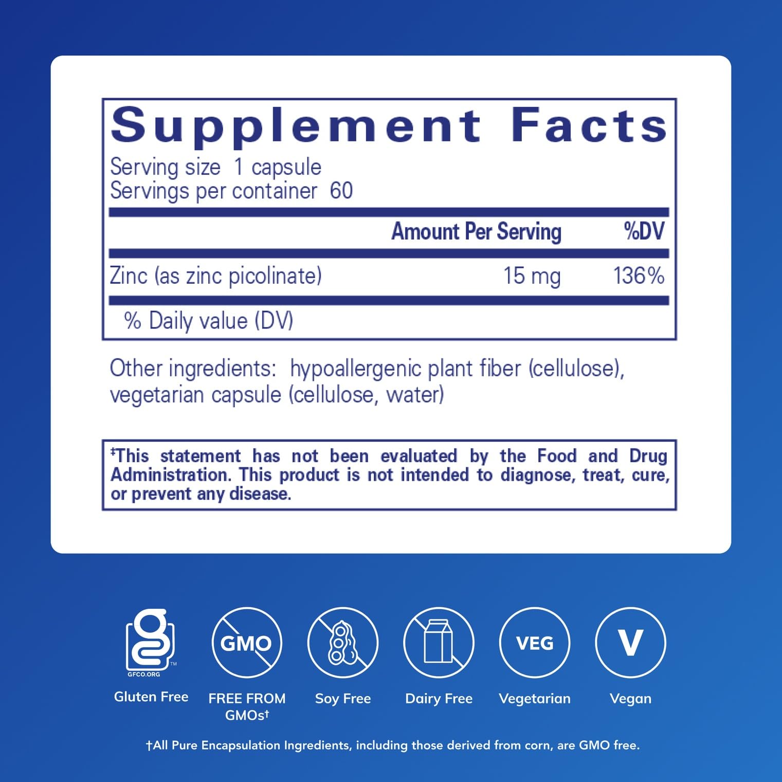 Pure Encapsulations etiqueta con información de ingredientes y pureza