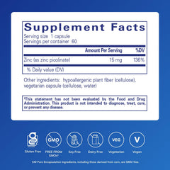 Pure Encapsulations etiqueta con información de ingredientes y pureza
