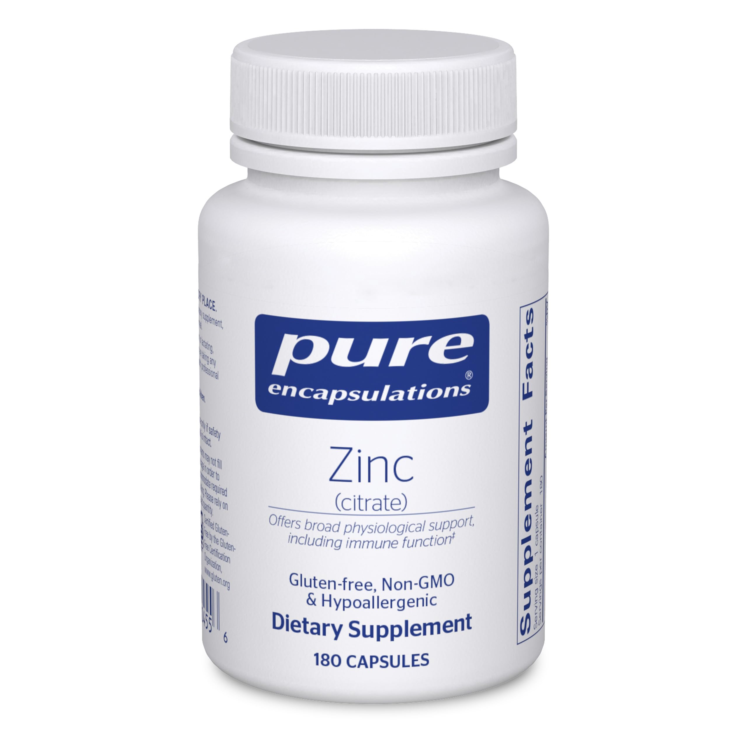 Pure Encapsulations frasco frontal mostrando 180 cápsulas y ventaja vegana