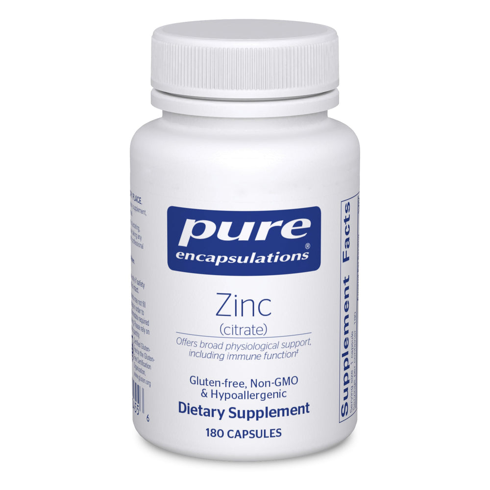 Pure Encapsulations frasco frontal mostrando 180 cápsulas y ventaja vegana