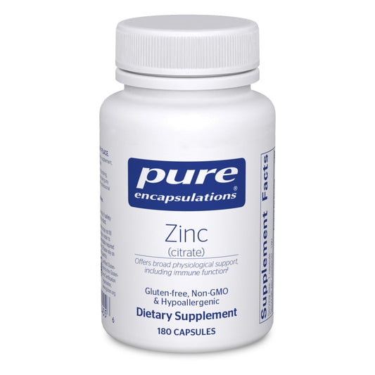 Pure Encapsulations frasco frontal mostrando 180 cápsulas y ventaja vegana