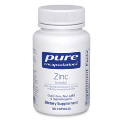 Pure Encapsulations frasco frontal mostrando 180 cápsulas y ventaja vegana