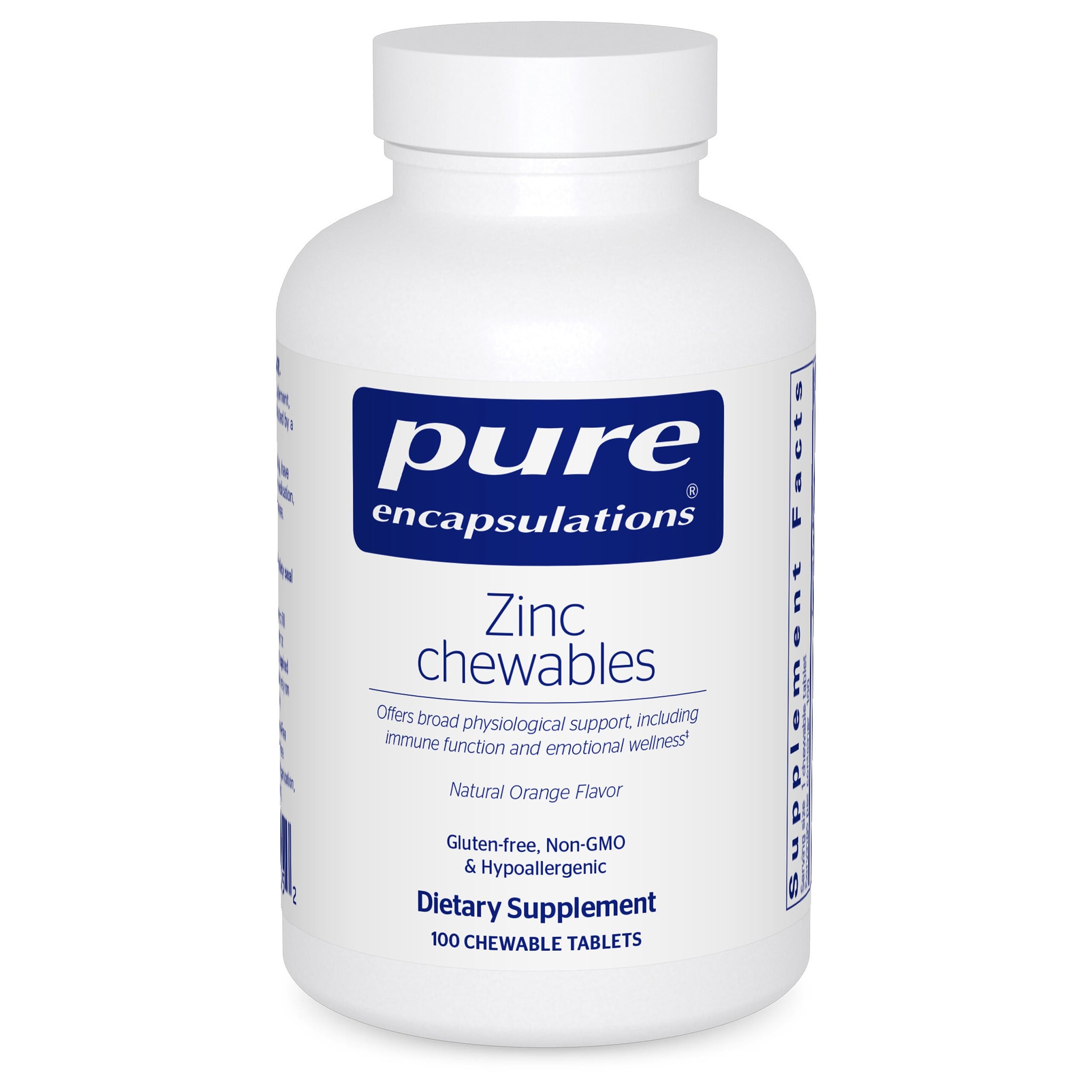 Pure Encapsulations frasco frontal con tabletas masticables y beneficio de uso práctico