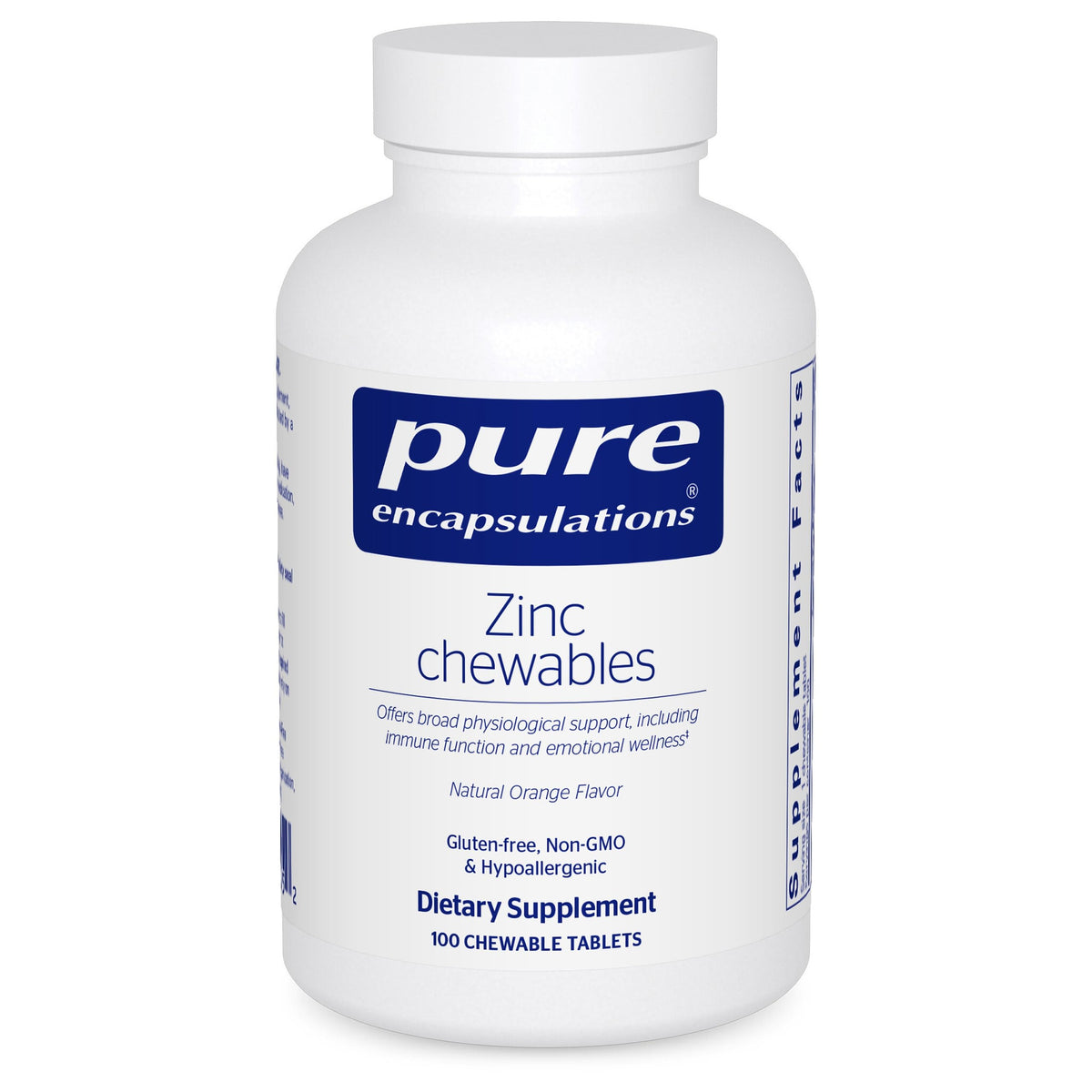 Pure Encapsulations frasco frontal con tabletas masticables y beneficio de uso práctico