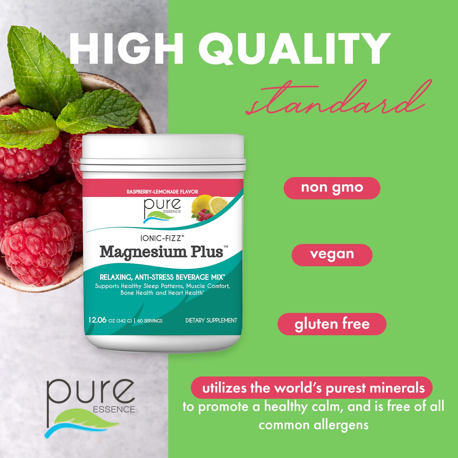 Vaso con bebida efervescente Pure Essence Labs, mezcla homogénea lista para consumir