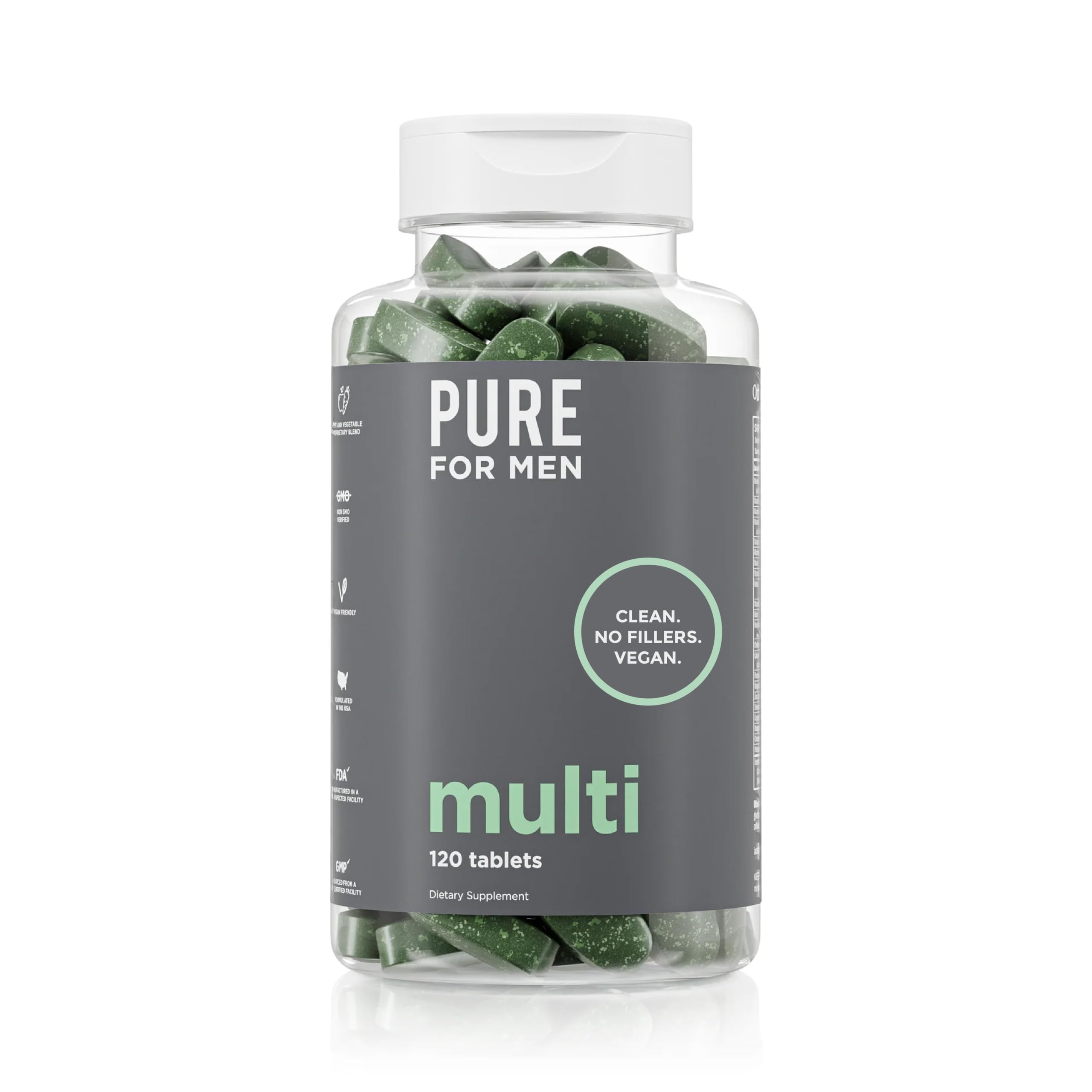 Pure for Men frasco frontal mostrando 120 tabletas y duración dos meses