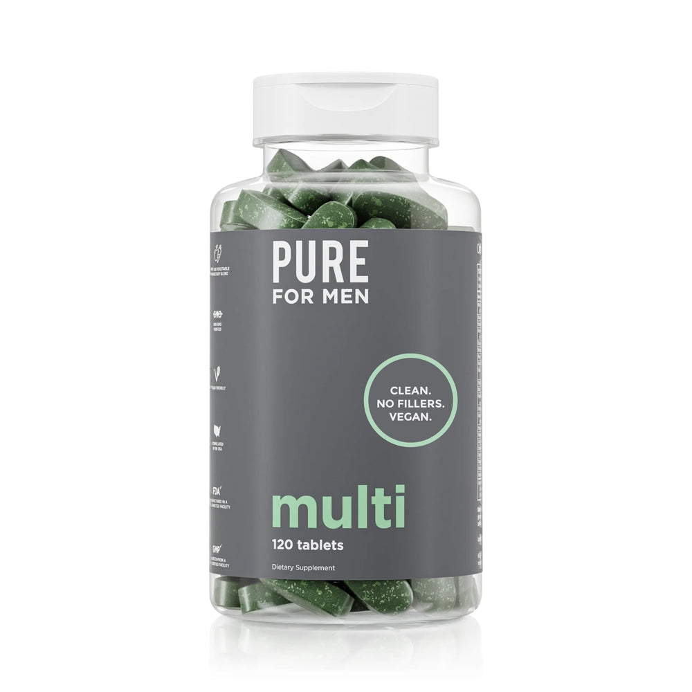 Pure for Men frasco frontal mostrando 120 tabletas y duración dos meses