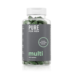 Pure for Men frasco frontal mostrando 120 tabletas y duración dos meses