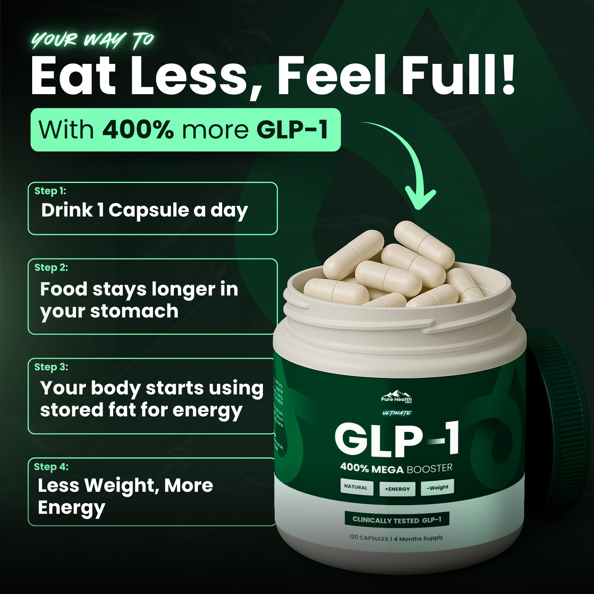 PURE HEALTH MAX botella abierta con cápsulas lista para la toma diaria