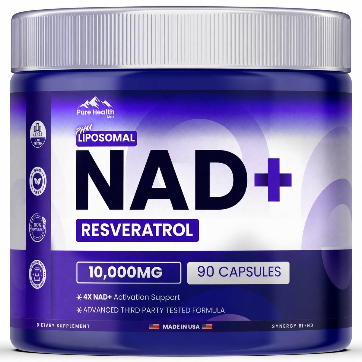 PURE HEALTH MAX frasco delantero mostrando etiqueta y beneficios