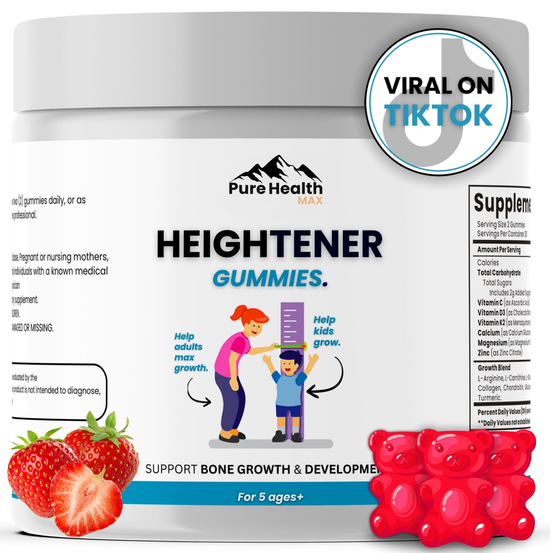 PURE HEALTH MAX frasco de Heightener Gummy visto de frente, presentación clara y atractiva