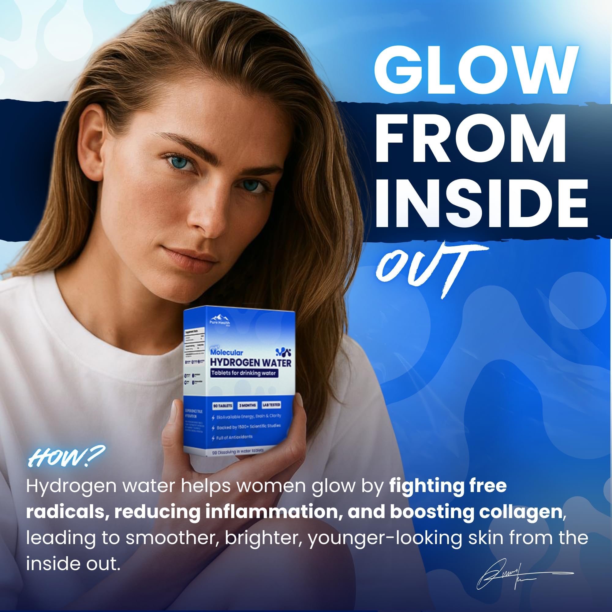 PURE HEALTH MAX tableta efervescente en vaso, beneficia hidratación instantánea