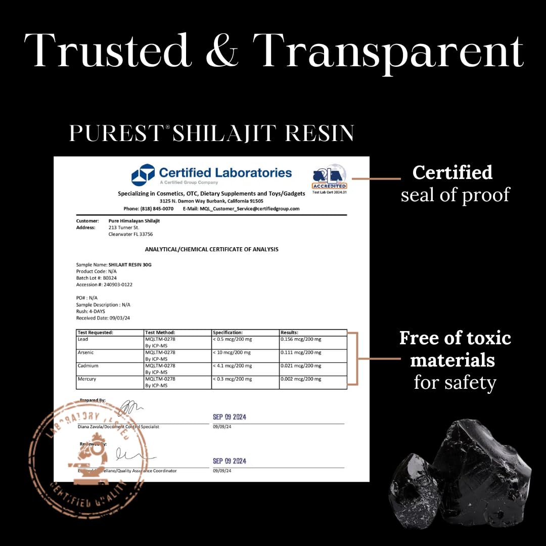 Pure Himalayan Shilajit etiqueta con resultados de laboratorio mostrando transparencia