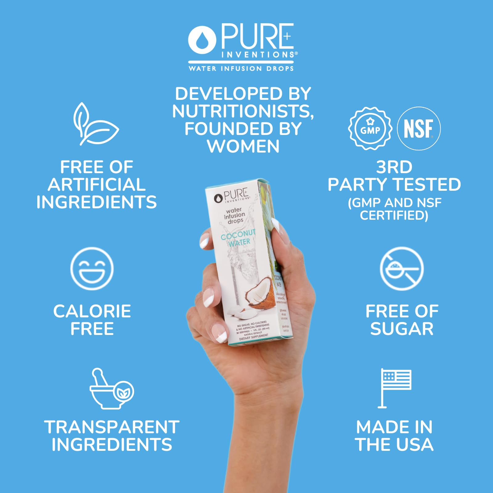 Pure Inventions botella de vidrio en encimera destacando conservación y sostenibilidad