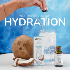 Pure Inventions gotas añadidas a botella de agua demostrando uso práctico y sabor