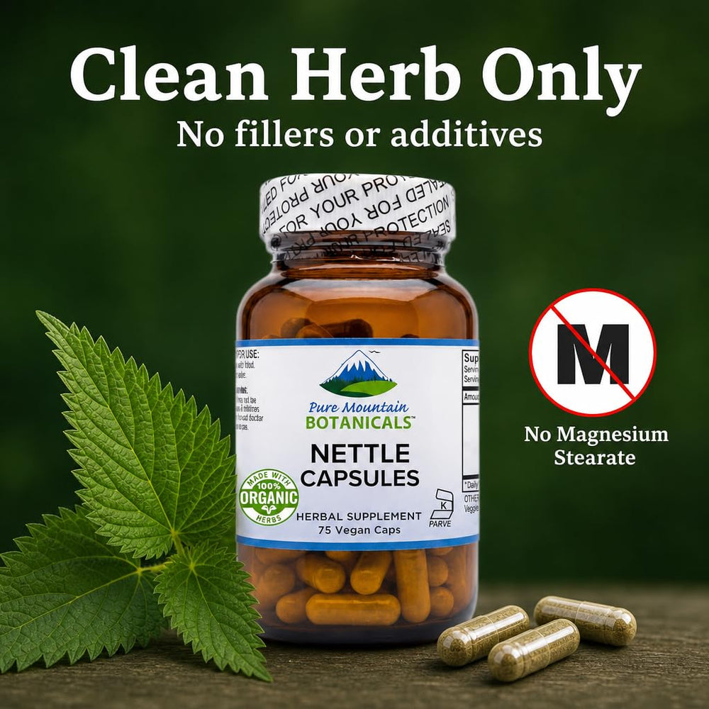 Pure Mountain Botanicals cápsula abierta con contenido de hoja y raíz orgánica