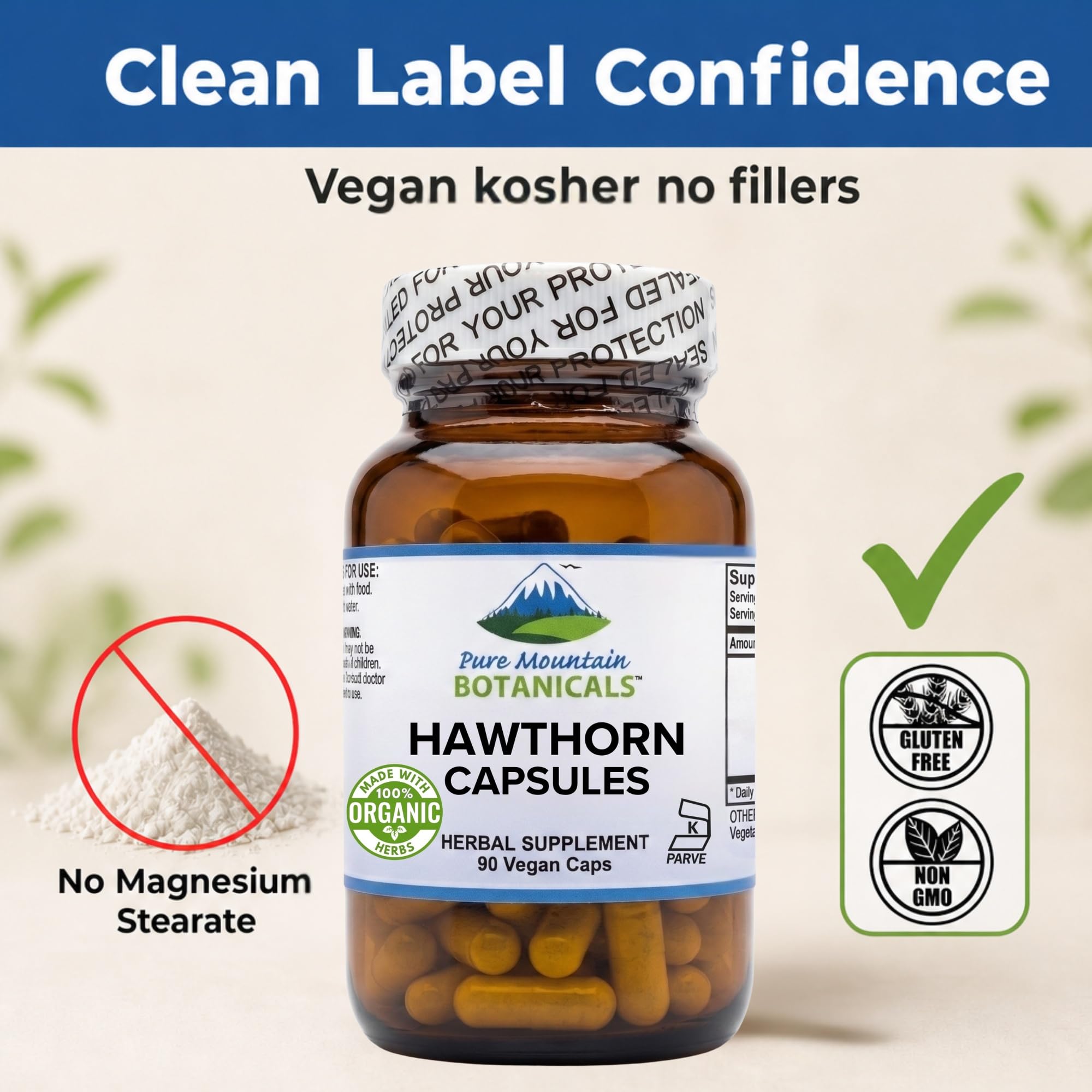 Pure Mountain Botanicals etiqueta con lista de ingredientes y certificaciones claras
