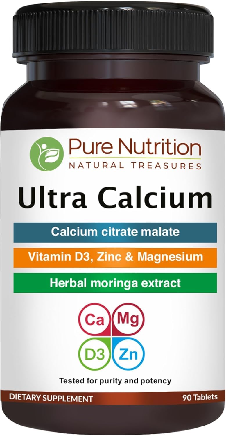 Pure Nutrition frasco Ultra Calcium al frente mostrando etiqueta y nombre, beneficio claridad informativa