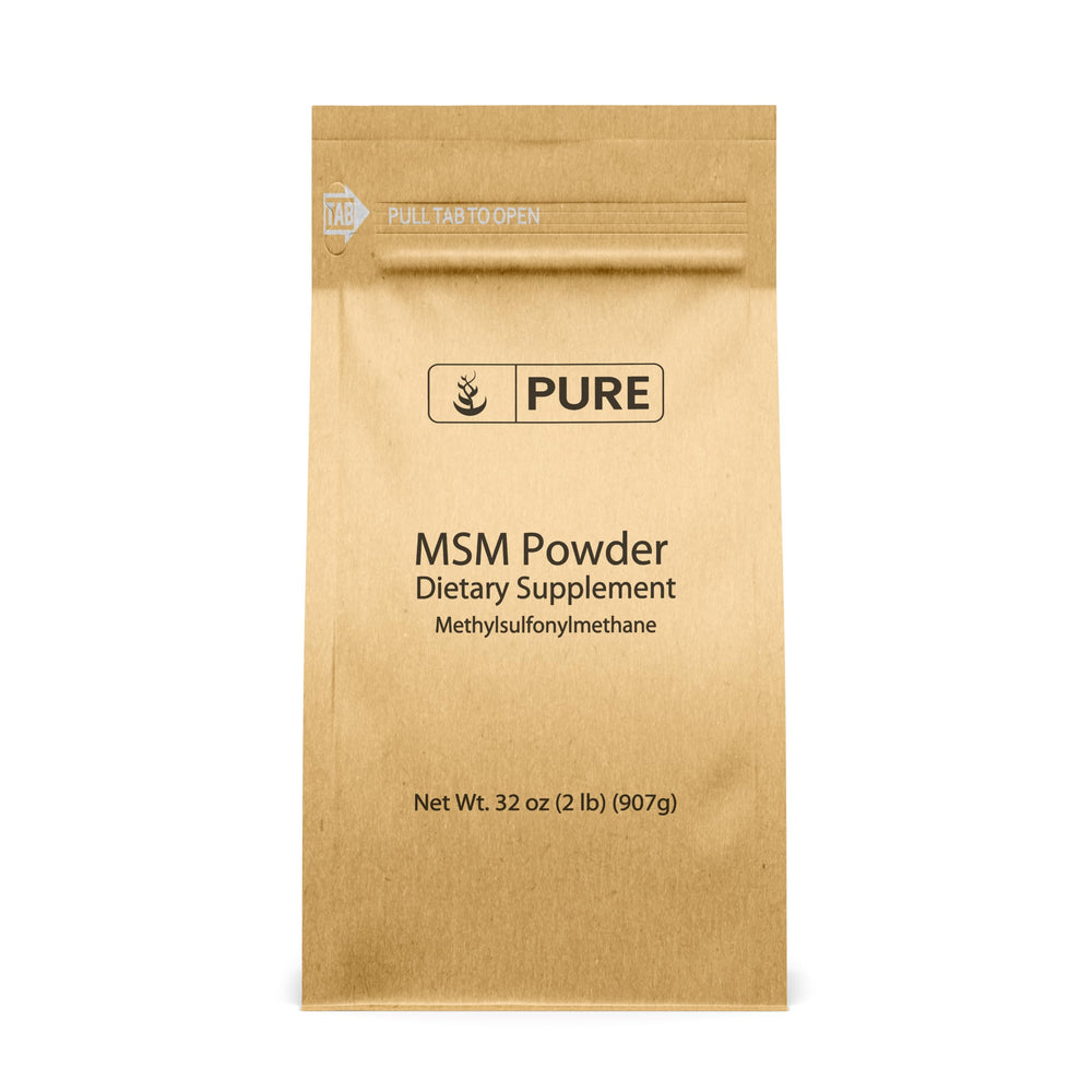 PURE ORIGINAL INGREDIENTS envase frontal de MSM en polvo, claridad de pureza