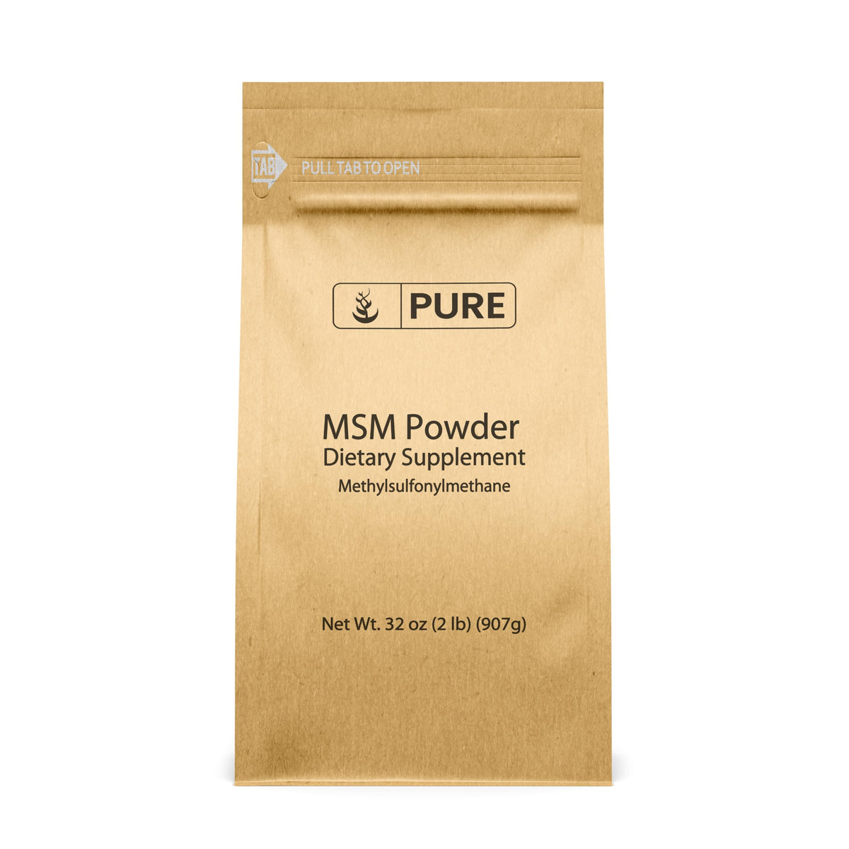 PURE ORIGINAL INGREDIENTS envase frontal de MSM en polvo, claridad de pureza