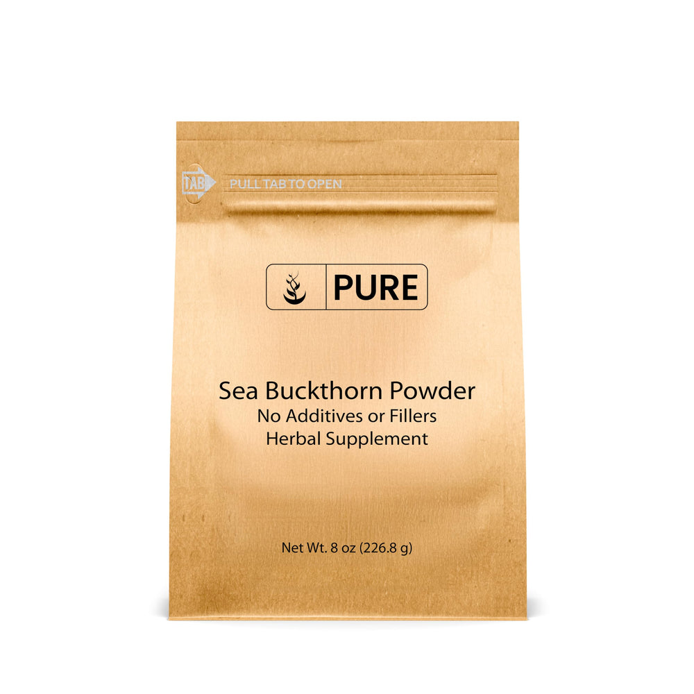 Pure Original Ingredients frasco frontal de sea buckthorn mostrando etiqueta clara y beneficio de pureza