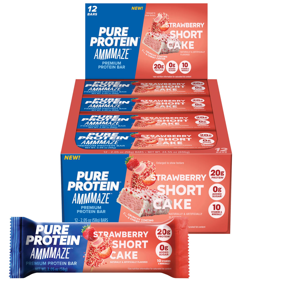 Pure Protein empaque frontal mostrando caja de 12 barras y conveniencia
