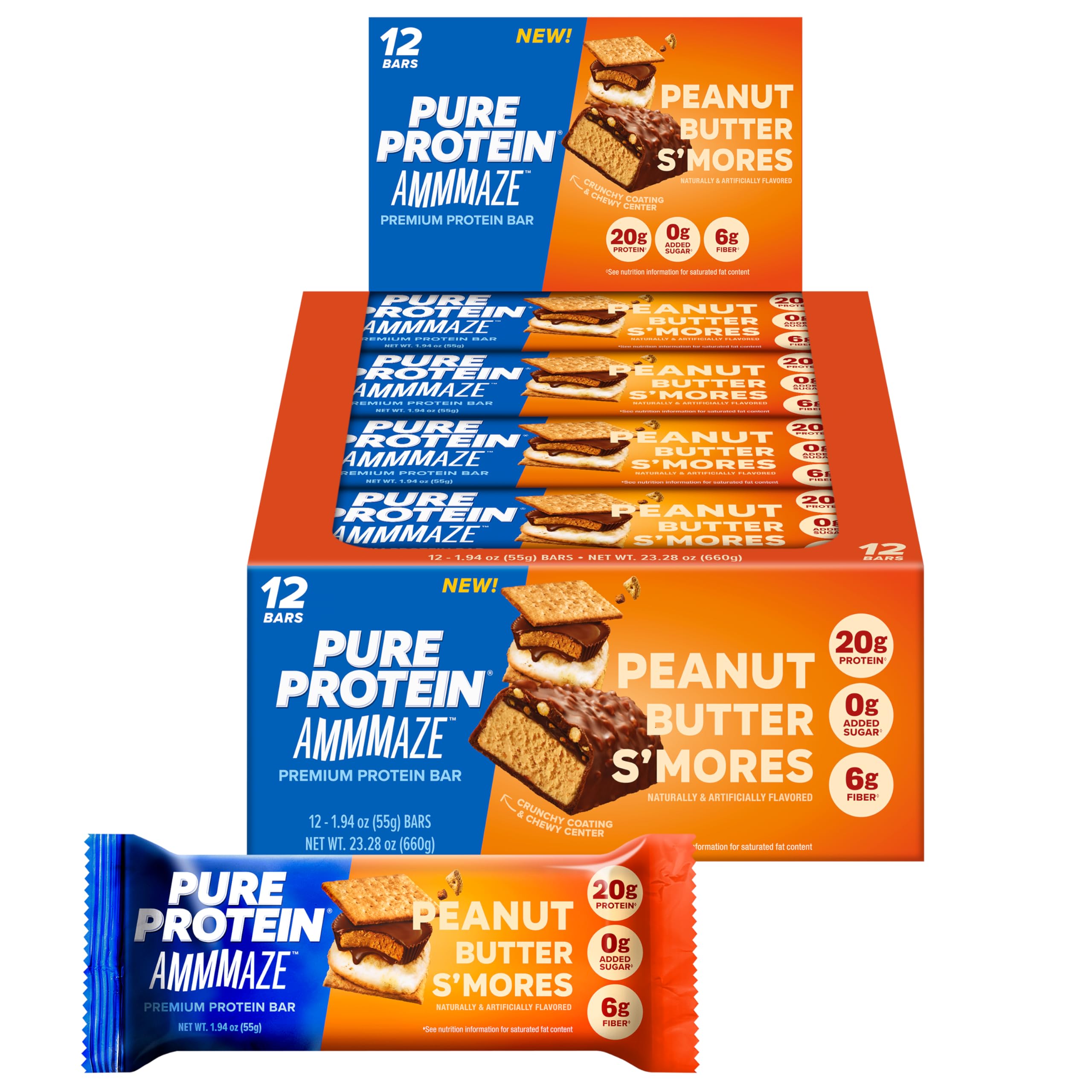 Pure Protein paquete frontal mostrando barras listas para llevar y conveniencia