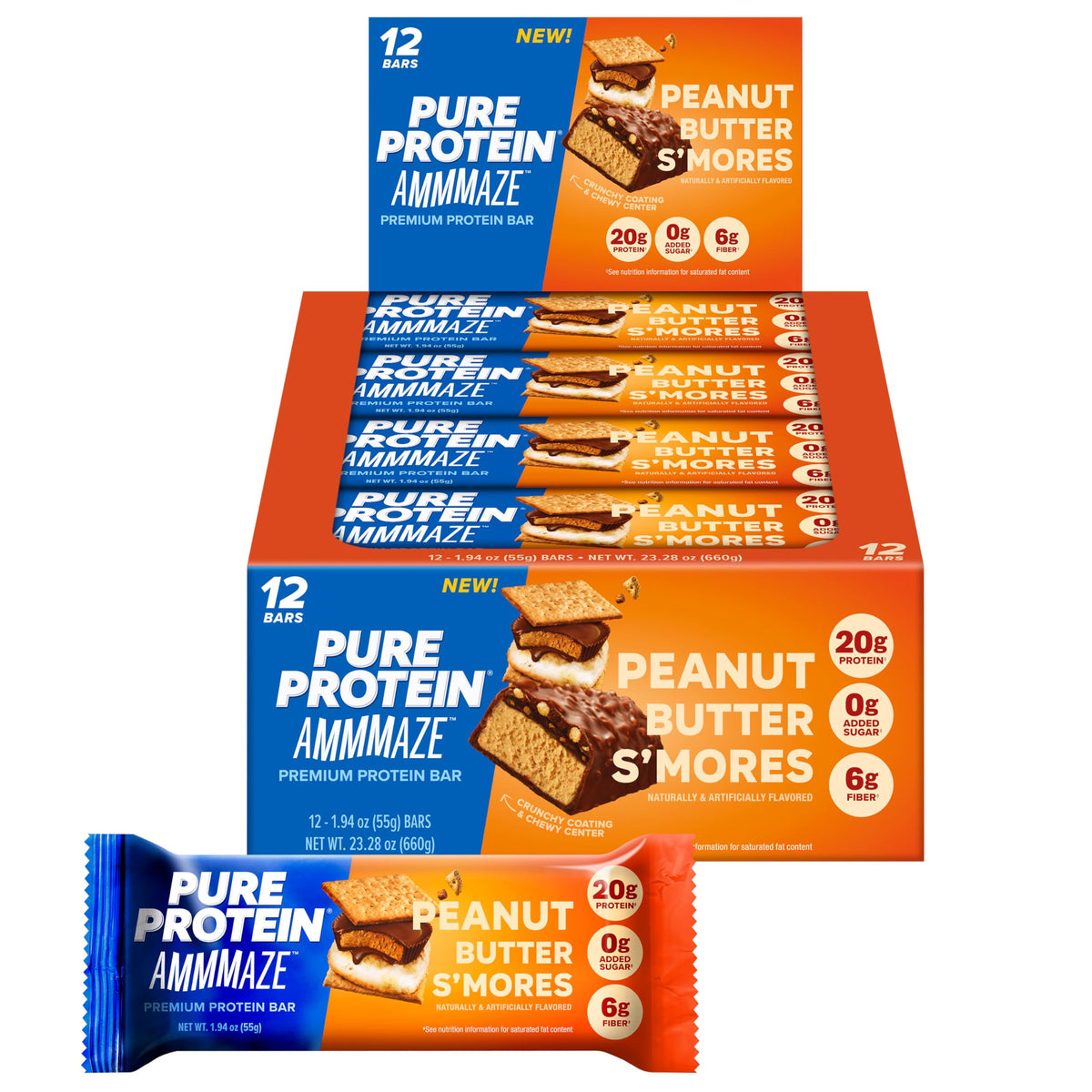 Pure Protein paquete frontal mostrando barras listas para llevar y conveniencia