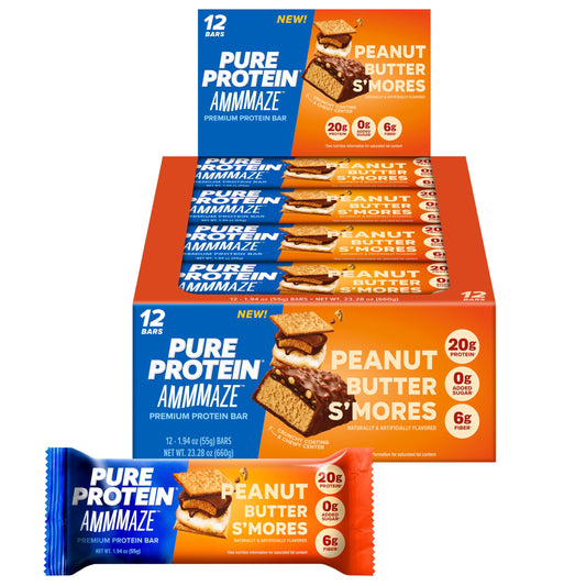 Pure Protein paquete frontal mostrando barras listas para llevar y conveniencia
